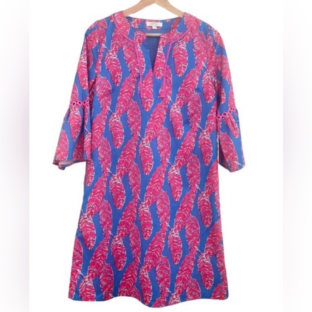 Jade by Melody pink and blue palm dress -feather print dress with bell sleaves